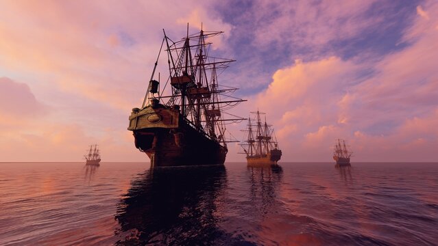 Vintage sailing ships in the ocean