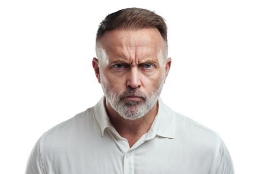 PNG studio portrait of a mature man looking angry against a grey background
