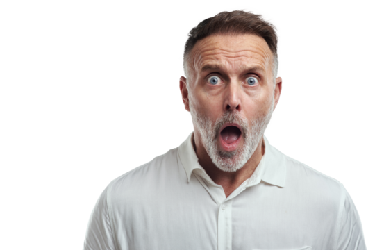 PNG studio portrait of a mature man looking surprised against a grey background