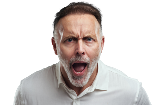 PNG studio portrait of a mature man yelling against a grey background
