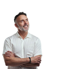 PNG studio shot of a mature man looking thoughtful against a grey background