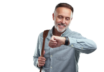 PNG studio shot of a mature man carrying a bag and checking the time on his wristwatch against a grey background