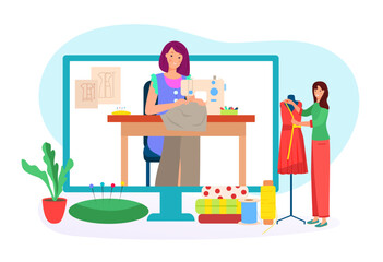 Woman character tailor fashion clothes designer, online internet fashionable video blog sew dress flat vector illustration, isolated on white.