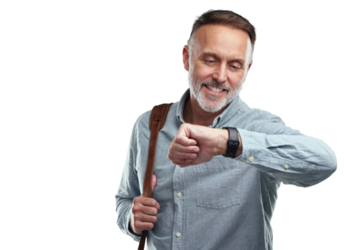 PNG studio shot of a mature man carrying a bag and checking the time on his wristwatch against a grey background