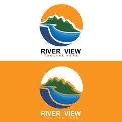 River Logo Design, River Creek Vector, Riverside Illustration With A Combination Of Mountains And Nature, Product Brand