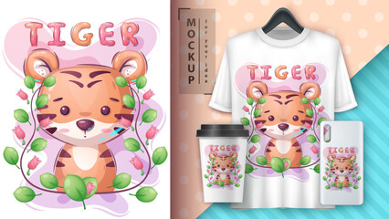 Cartoon character adorable tiger, pretty animal idea for print t-shirt, poster and kids envelope, postcard. Cute hand drawn style tiger.