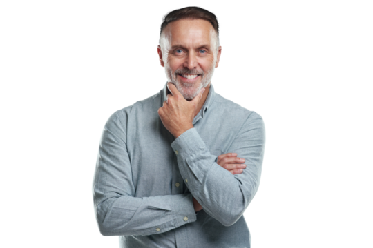 PNG studio portrait of a mature man looking thoughtful against a grey background - Powered by Adobe