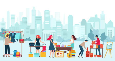 Fototapeta premium Urbanscape street flea market with clothes, stuff and different trinket, city marketplace flat vector illustration, big town view.