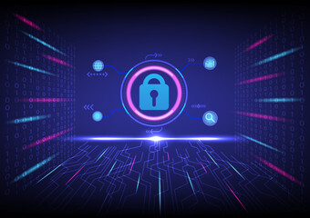 High-tech background, technology. Padlock. Information security system. For internet online, search and business. Binary numbers, circuits, glowing on blue gradient background.