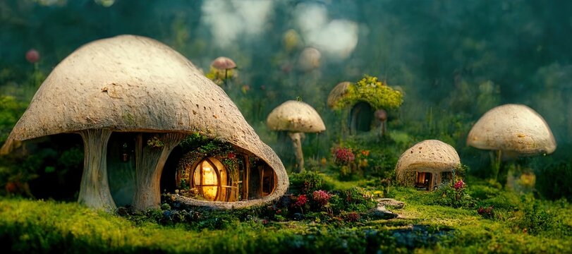Elven Dwarfen Little Cute Housees  with Mushrooms Around - Digital Art, Concept Art