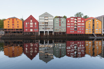 Obraz premium Trondheim old town view, Norway. Coast of Nidelva river