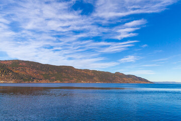 Norwegian landscape with coastal mountains under cloudy sky