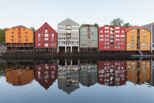 Trondheim Old Town View, Norway. Coast Of Nidelva River