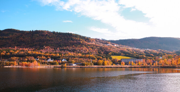 Coastal Norwegian landscape with traditional wooden houses