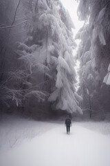 photo of a person walking through a snow-covered forest 