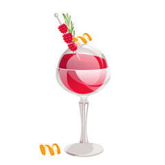 Christmas raspberry cocktail in a glass ball.A festive cocktail decorated with raspberries, rosemary, orange peel.Cocktail in the form of a New Year's ball in a glass.An element of New Year's design.