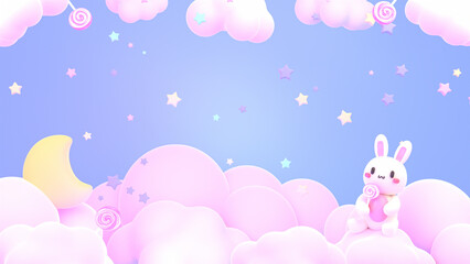 Obraz premium 3d rendered kawaii bunny and moon on the pastel clouds.