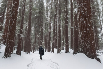 photo of a person walking through a snow-covered forest 
