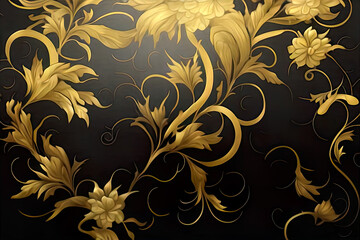 golden floral background, golden baroque design element, gold and black, baroque background, illustration, luxury, wallpaper, banner, digital
