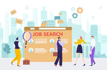 Human resources male character hold magnifying glass, recruit hire freelance specialist job search flat vector illustration, isolated on white.