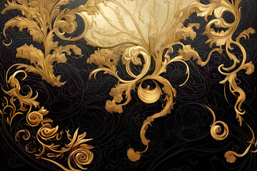 golden floral background, golden baroque design element, gold and black, baroque background, illustration, luxury, wallpaper, banner, digital