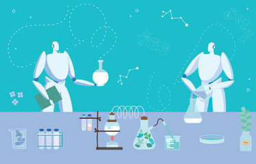 Modern technology device artificial intelligence medical robot hold flask, manufacture medicinal product flat vector illustration.