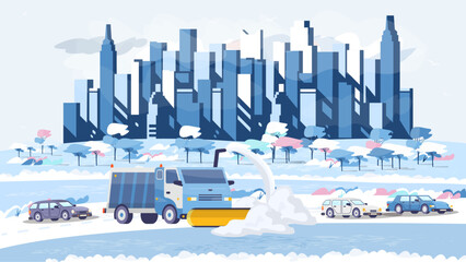 Snowplow removing snow from the road on the urban landscape. Winter city landscape skyline. Cleaning the road after snowstorm. Road maintenance. Flat vector illustration. - obrazy, fototapety, plakaty