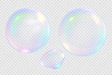 Set of realistic colorful soap bubbles. Transparent realistic soap bubbles isolated on transparent background.