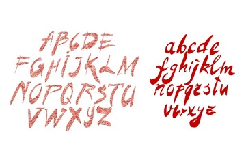 alphabet, hand drawing letters, drawing with a brush, calligraphy font, old textures, red, isolated on white background 