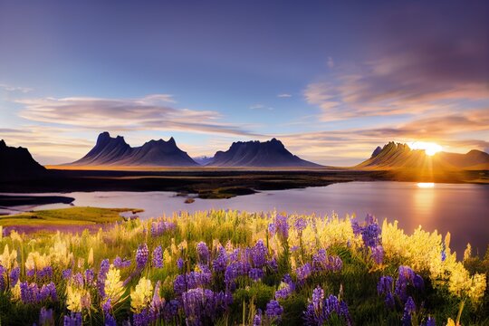 Blooming lupine flowers on the Stokksnes headland