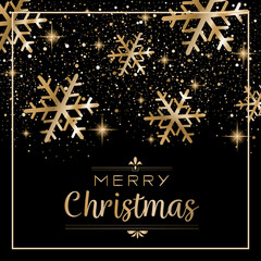 Merry Christmas and Happy New Year greeting card design with golden stars and snowflakes decorated on Christmas background for banners, posters or cards. Beautiful Christmas background.