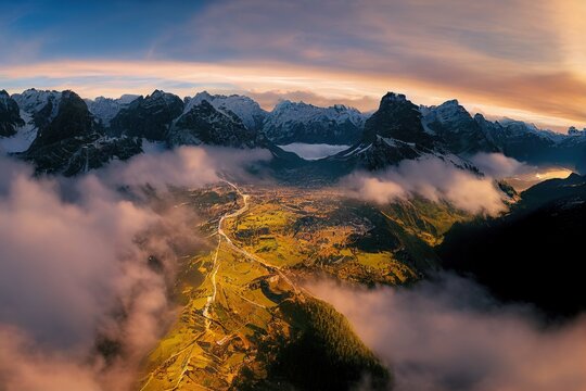 Straight down view from flying drone of Maloya pass. Colorful morning scene in Swiss Alps, Upper Engadine in canton of the Grisons, Switzerland, Europe. Traveling concept background.