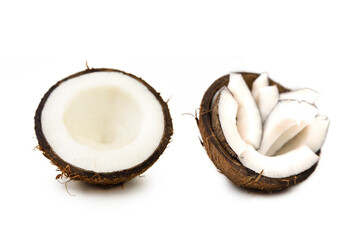 Two halves of a coconut isolated on a white background.