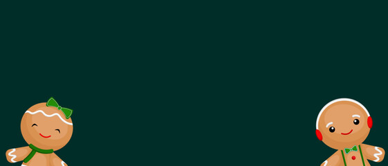 Christmas banner. Green background of gingerbread man Xmas design. Horizontal new year poster, greeting card, and headers for the website.