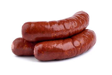 Smoked german sausages, isolated on white background.