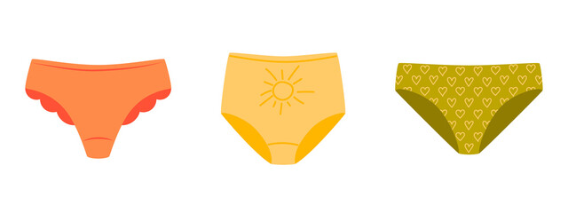 Collection of various woman's underpants. Colorful pants set. Modern flat Illustration on transparent background