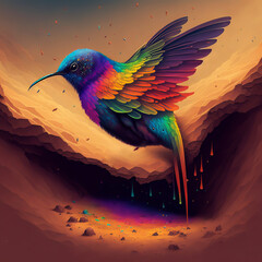Magic Calibri bird with colorful glowing feathers. Generative AI fairy Calibri bird illustration with rainbow wings. Calibri bird flying over the ground. - obrazy, fototapety, plakaty