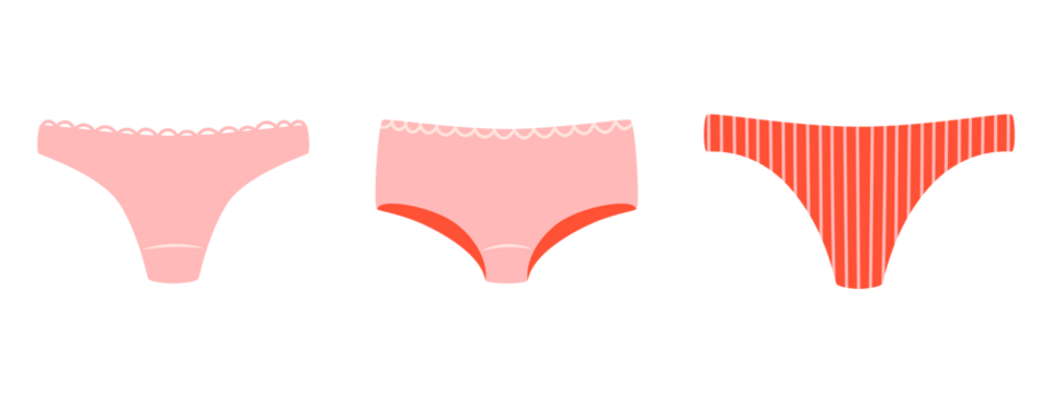 Collection of various woman's underpants. Colorful pants set. Modern flat Illustration on transparent background