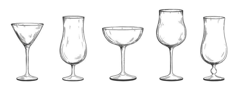 Collection of hand drawn glass goblets for alcohol. Illustration on transparent background