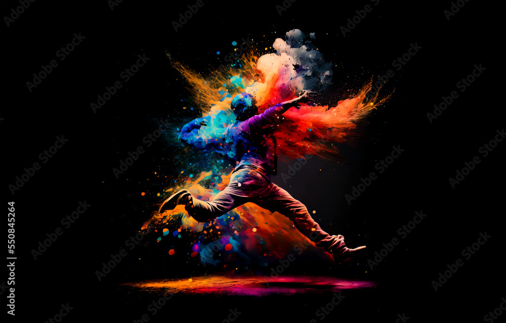 Wall mural man jumps in abstract multicolor paint explosion. freeze motion man running through paint splash. pa