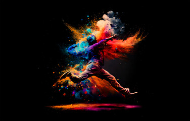 Man jumps in abstract multicolor paint explosion. Freeze motion man running through paint splash. Paint clouds with person silhouette on black background, Generative A illustration.