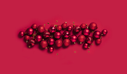 Beautiful red decoration balls Christmas toys viva magenta background. Festive mockup Christmas or New Year