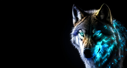 Generative AI magic frost wolf with blue eyes in the dark on black background. Fairy wolf portrait with glowing fur. Frost wolf illustration.