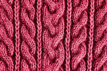 Red viva magenta knitted texture. Handmade Knitwear. Background. Color 2023