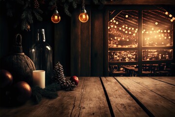 Christmas decorations against a warmly lit wooden background. Great for banners, ads, cards and more.	