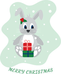 christmas card with cute rabbit on a green background.