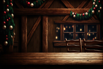 Fototapeta na wymiar Christmas decorations against a warmly lit wooden background. Great for banners, ads, cards and more. 