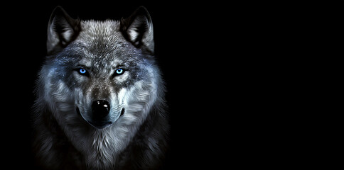 Magic frost wolf with blue eyes in the dark on black background. Fairy wolf portrait. Generative AI frost wolf illustration.