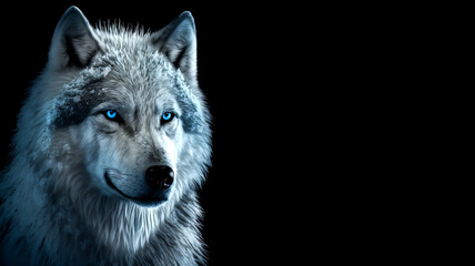 Magic frost wolf with blue eyes in the dark on black background. Fairy wolf portrait. Generative AI frost wolf illustration. - obrazy, fototapety, plakaty