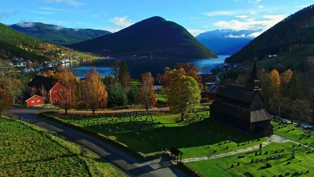 Idealistic Mjosa Norway lake residential shores graveyard aerial 